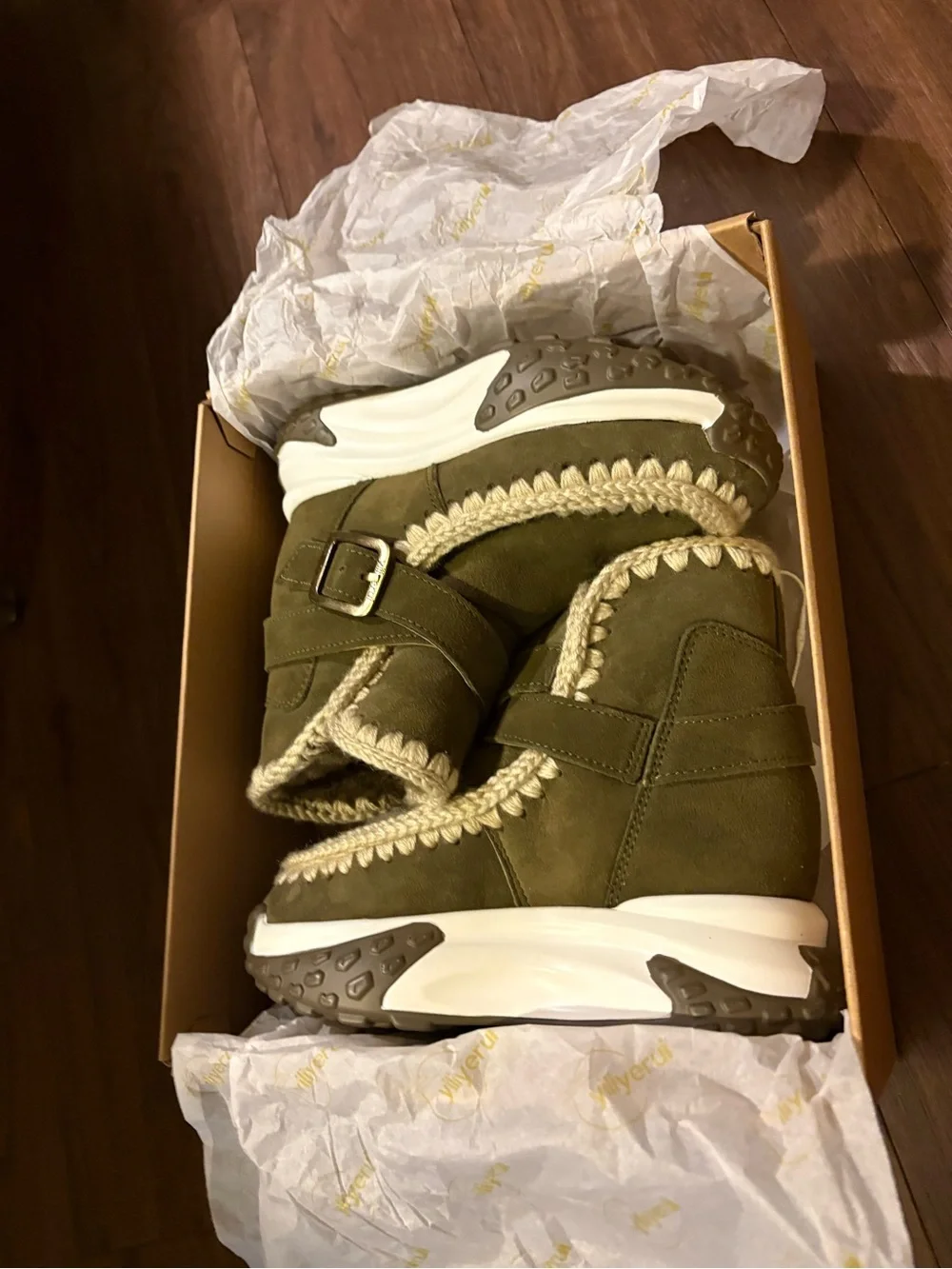 Kids Olive Green Faux-Shearling Winter Boots